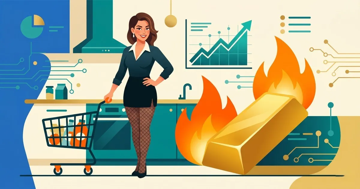 Grocery prices, gold bar, and inflation chart showing why households used gold as a 1970s inflation hedge