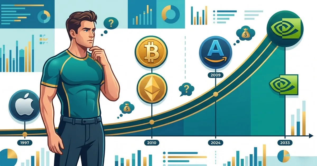 Missed investment opportunity timeline comparing Apple, Bitcoin, Amazon, Nvidia, and other what-if moments