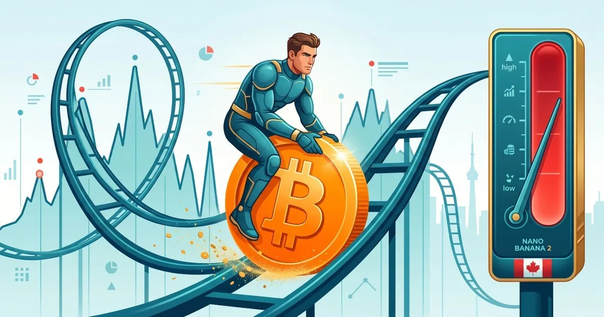 Bitcoin boom and bust roller coaster with position sizing gauge for crypto risk management