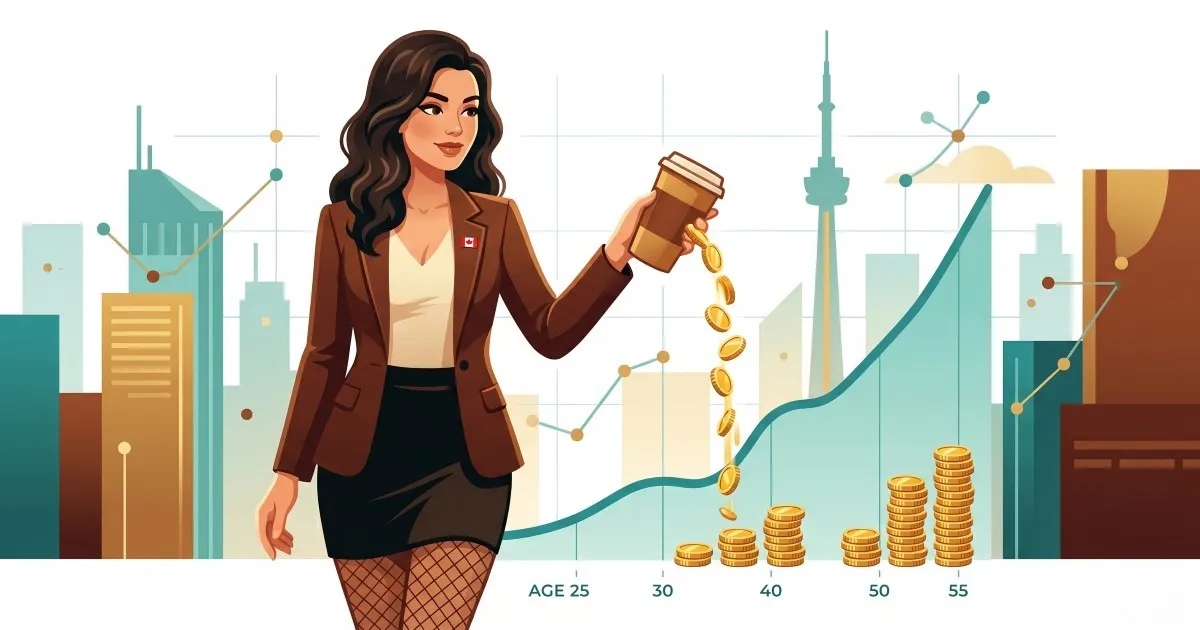 Coffee spending turning into coins and a 30-year investment chart showing the latte factor