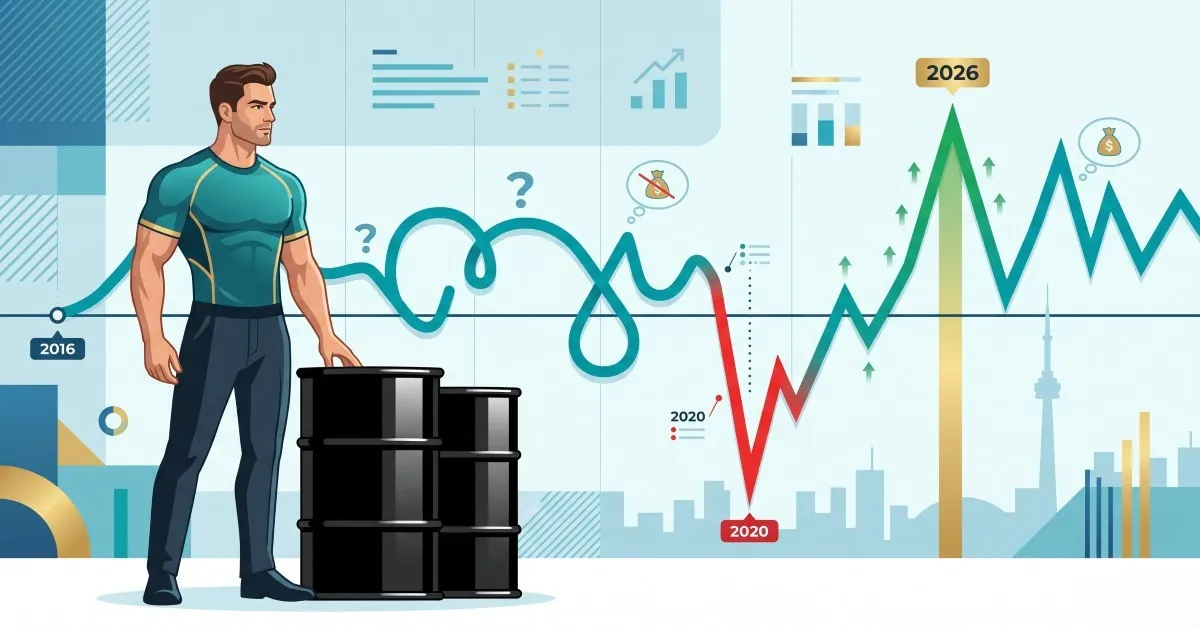 Brent and WTI oil timeline showing the 2014 crash, 2022 spike, and major price swings