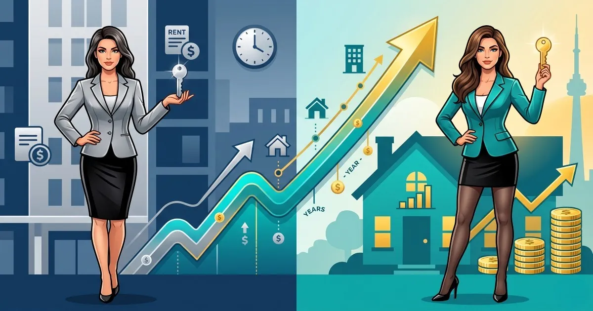 Rent versus buy decision with apartment keys, house keys, and an investment growth chart