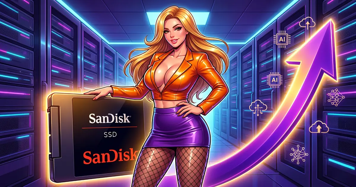 Sandisk SNDK stock chart surging during the AI storage rally with NAND chips and data center graphics