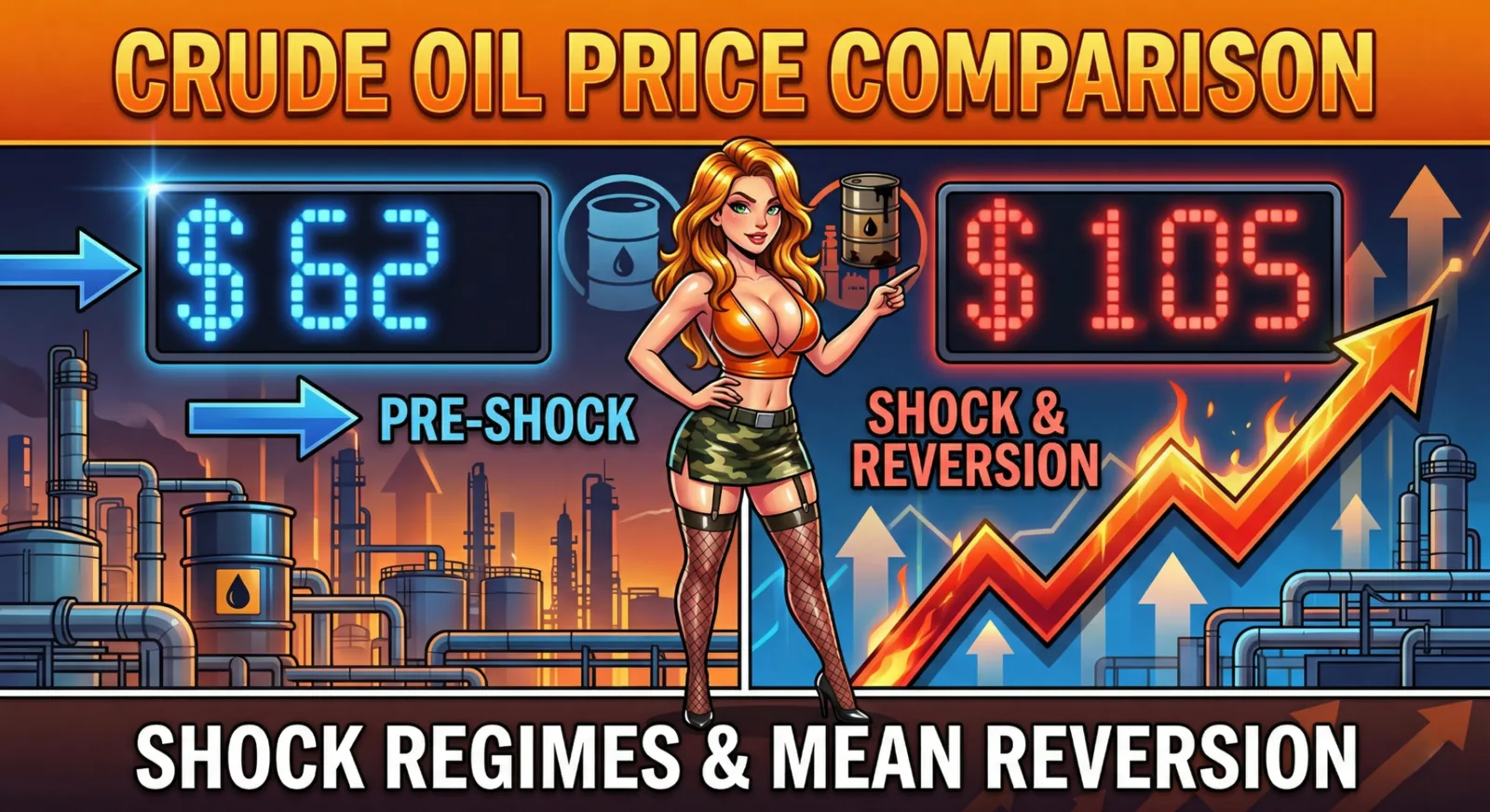 Crude oil shock-and-reversal infographic