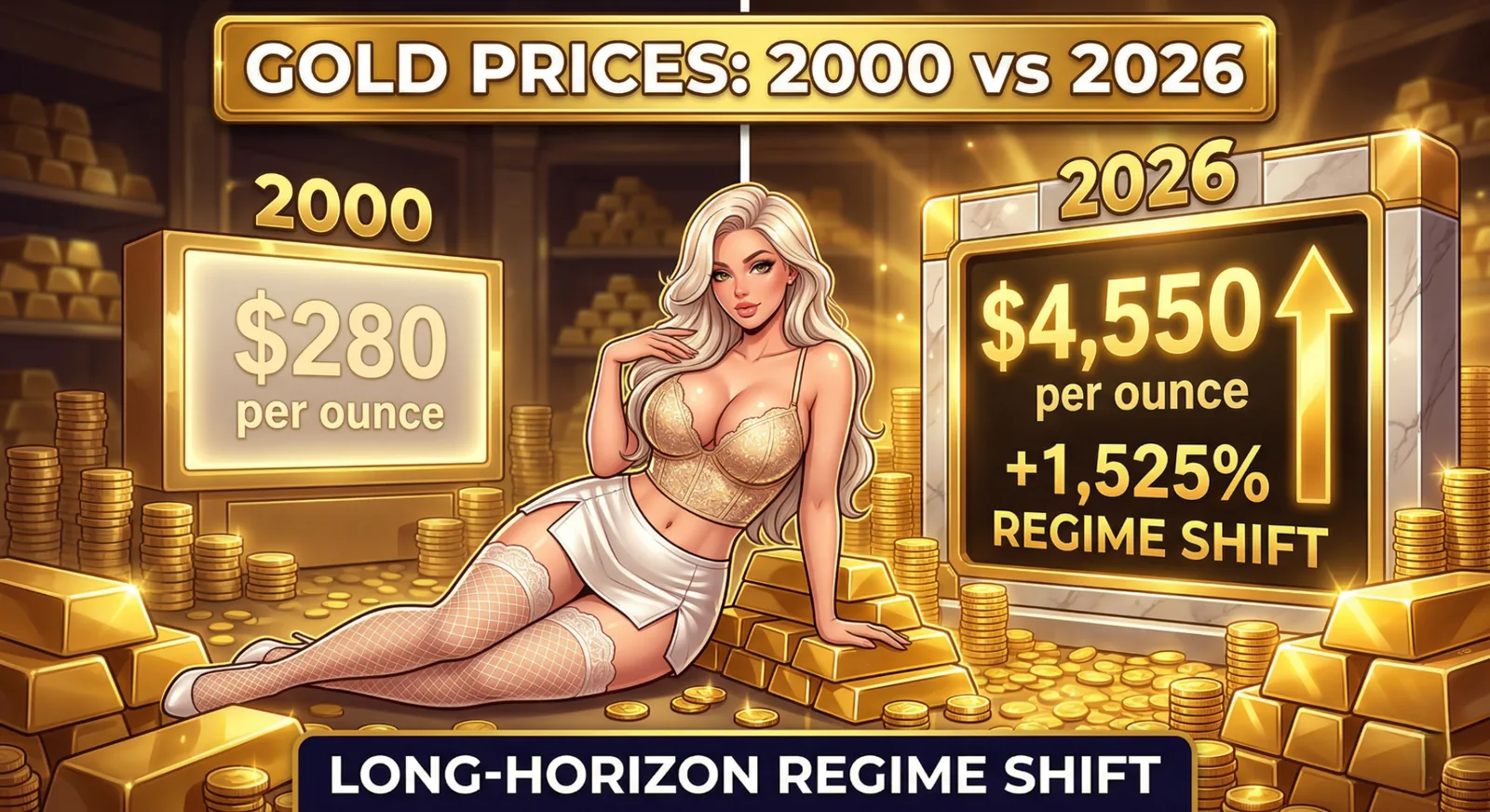 Gold price growth infographic, 2000 to 2026